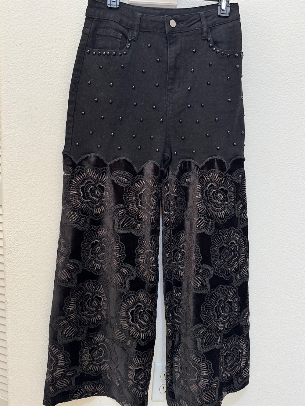 High-Rise Black Embellished Floral Velvet Wide-Leg Jeans